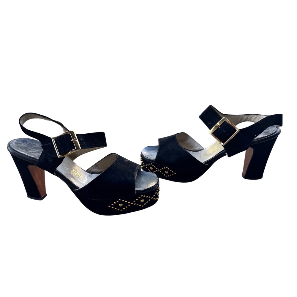 Frank More Vintage Black Suede Studded‎ Platform Block Heel Sandals Womens